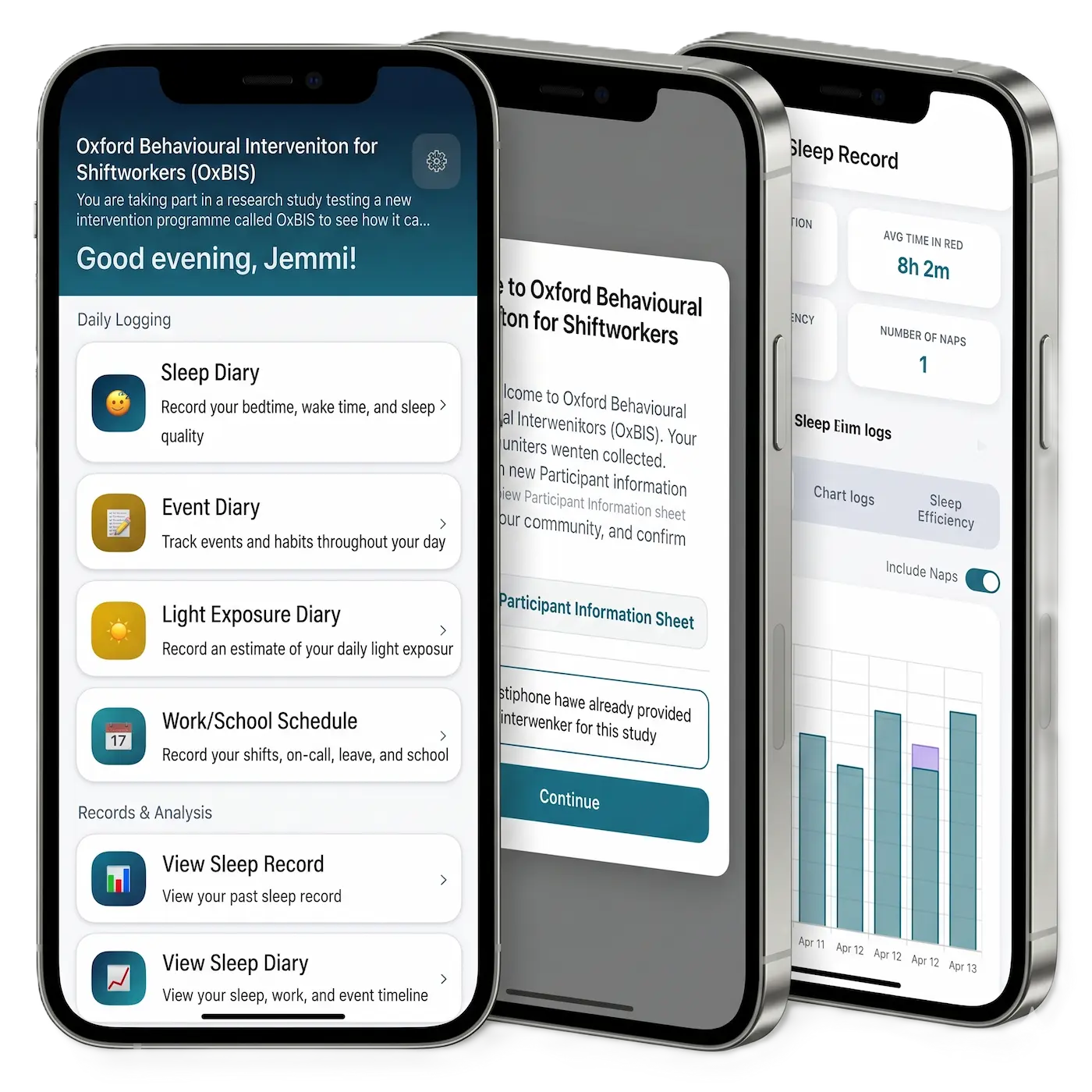 CircadiaLog running on an iPhone, with Sleep Diary, EMA, and dashboard screens fanned out alongside.