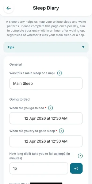Screenshot of the Sleep Diary interface.