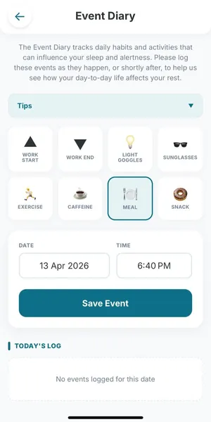 Screenshot of the Event Diary interface.
