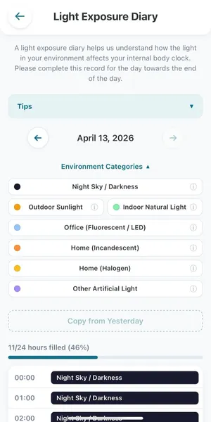 Screenshot of the Light Exposure Diary.