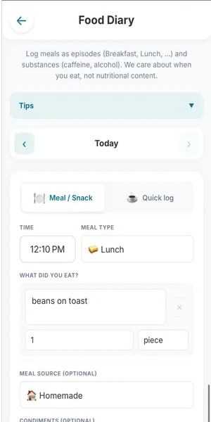 Screenshot of the Food Diary interface.