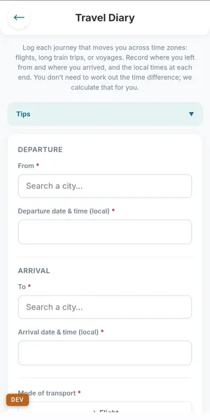 Screenshot of the Travel Diary interface.