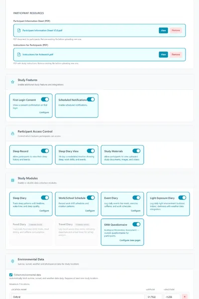Screenshot of the CircadiaLog study configuration page, showing study metadata, contact information, participant resources, study features, access control, module toggles, and environmental data settings.